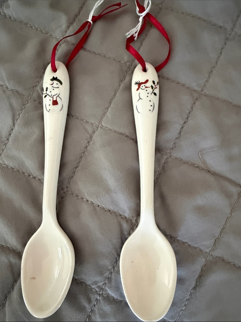 Festive Cream Ceramic Snowman Spoons with Red Ribbon - Set of 2